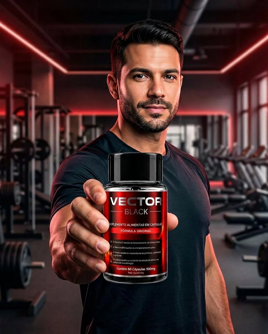 Homem em academia segurando o frasco do Vector Black antes do treino