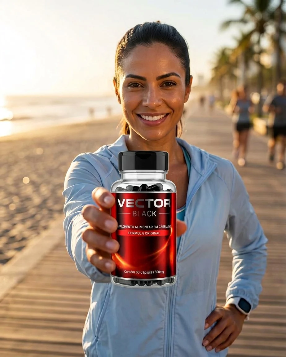 Mulher exibindo o frasco do Vector Black ao ar livre após a corrida matinal
