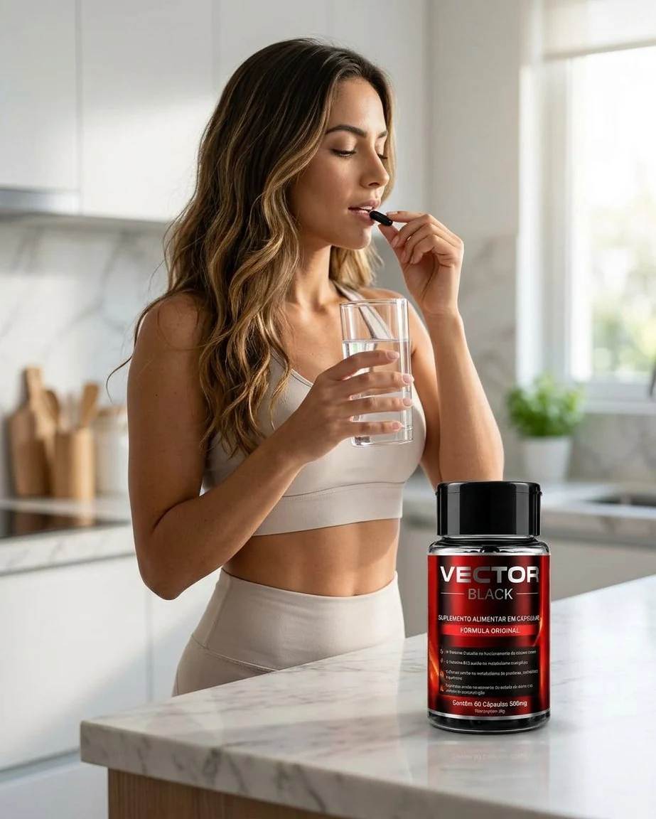 Mulher tomando uma cápsula do Vector Black com um copo de água na cozinha
