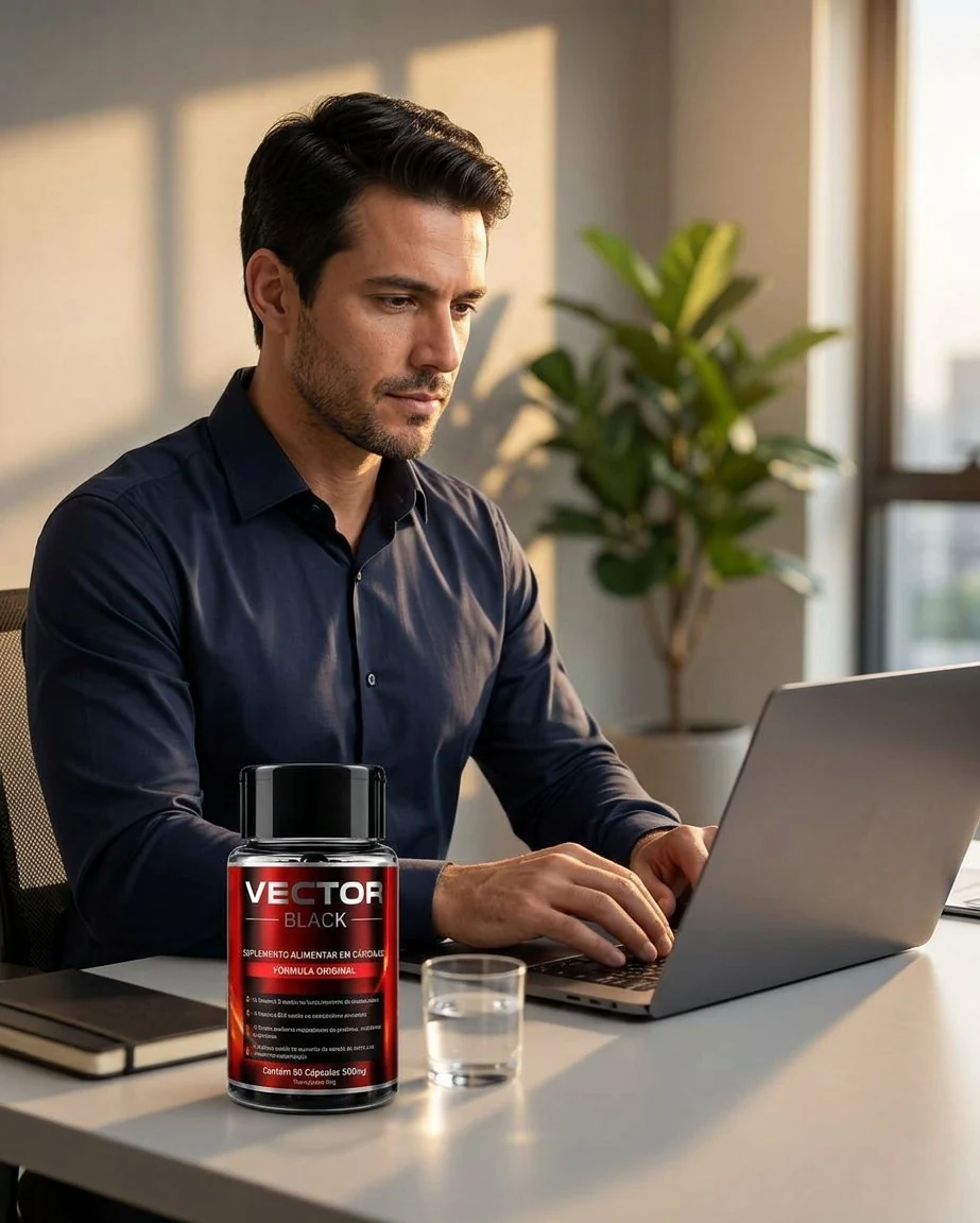 Homem trabalhando no notebook em escritório moderno com o frasco do Vector Black sobre a mesa