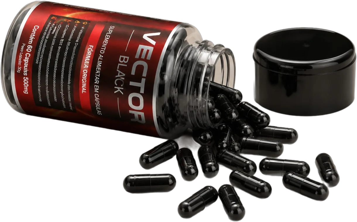 Frasco do Vector Black deitado derramando cápsulas pretas com a tampa preta ao lado