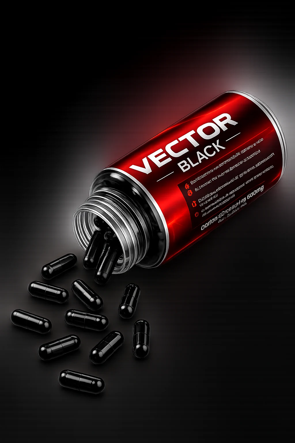 Cápsulas pretas do Vector Black saindo do frasco inclinado sobre fundo preto